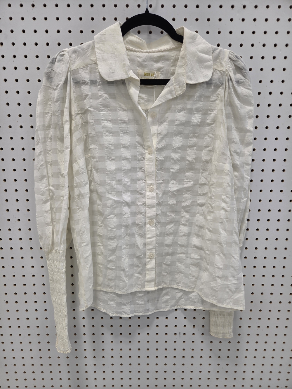 Anthropologie Cream Textured Button-Front Puff Sleeve Shirt